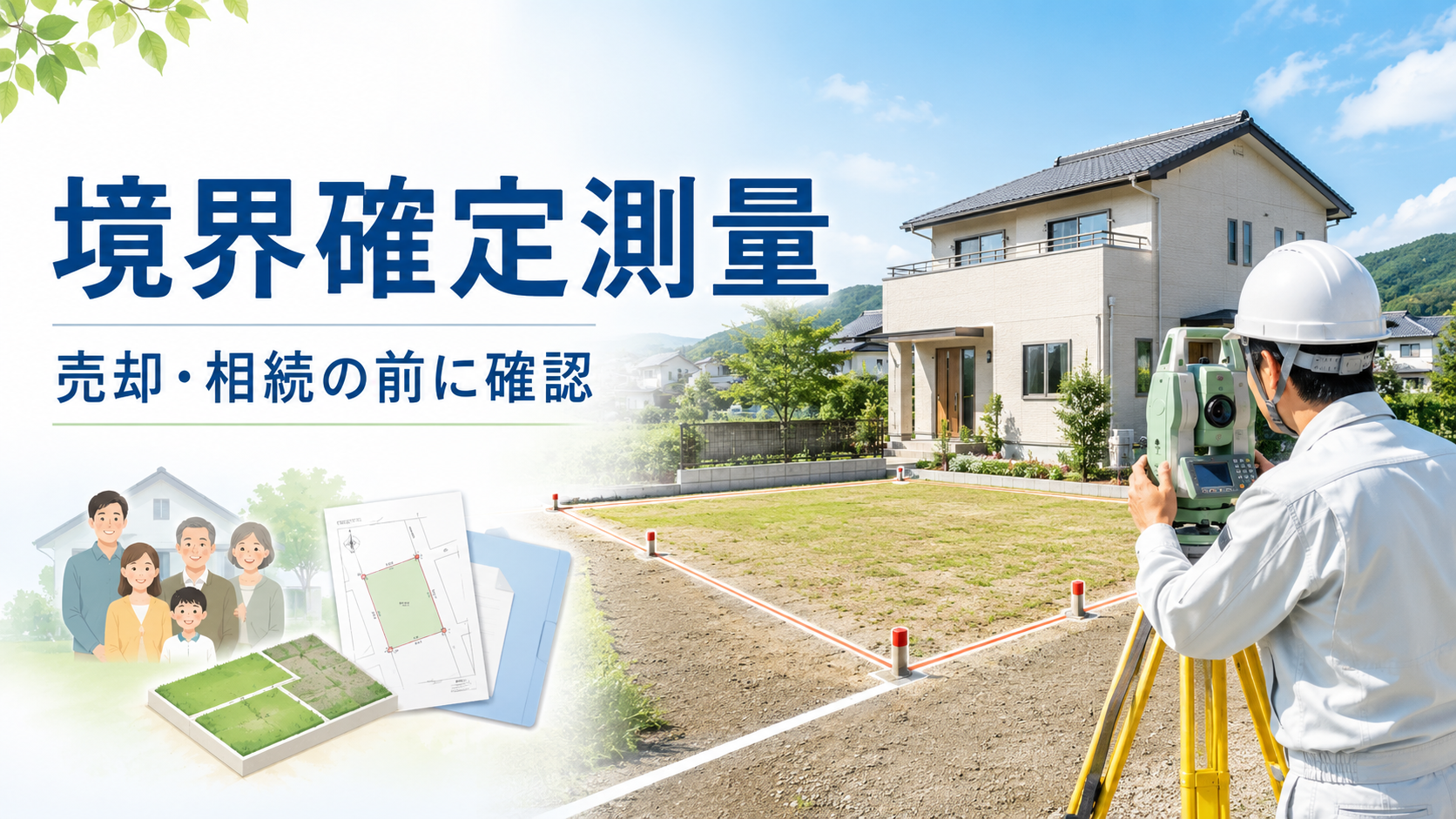 住宅地で土地家屋調査士が測量機器を使い、境界標と土地の範囲を確認しているイメージ。実家の売却や相続前に必要となる境界確定測量を表しています。
