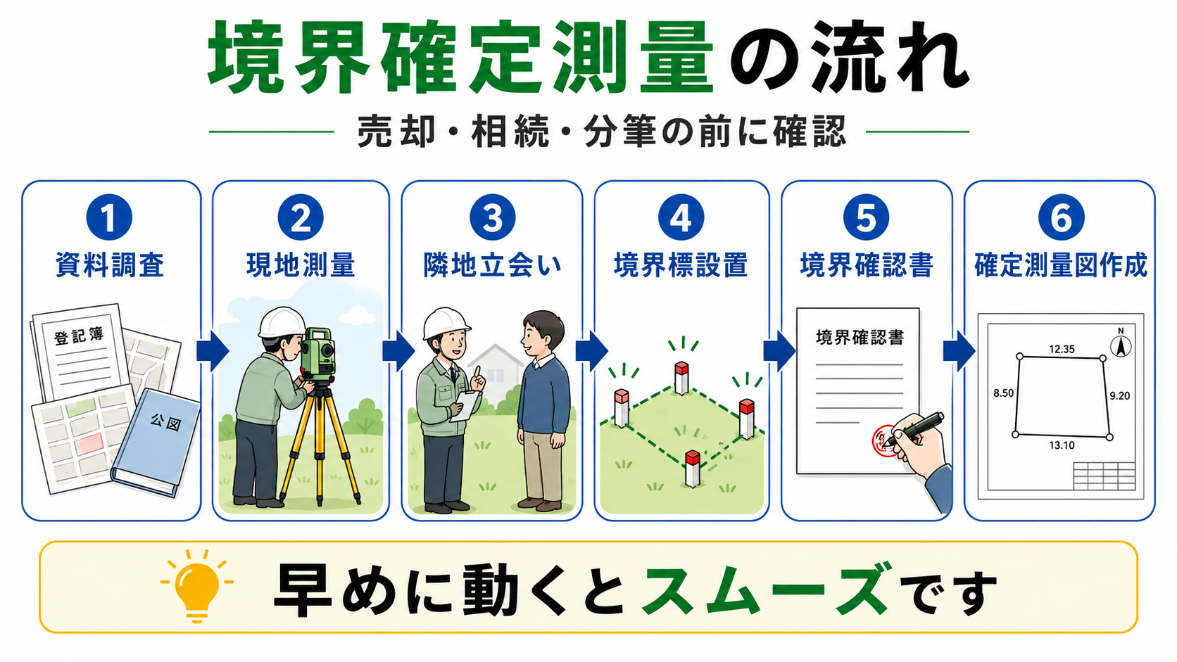 境界確定測量の流れを6つのステップで示した図。資料調査、現地測量、隣地立会い、境界標設置、境界確認書の作成、確定測量図作成までの流れをわかりやすく表しています。