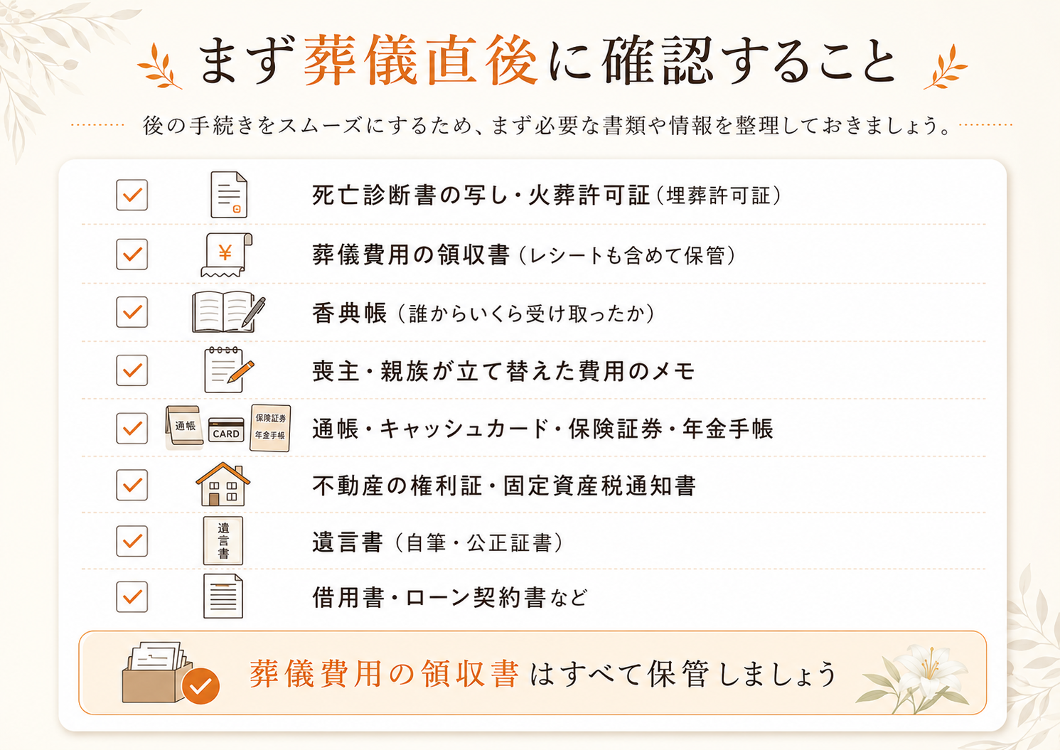 死亡診断書の写し、火葬許可証、葬儀費用の領収書、香典帳、通帳、不動産書類、遺言書など、葬儀後に保管・確認すべき書類をまとめたチェックリスト画像