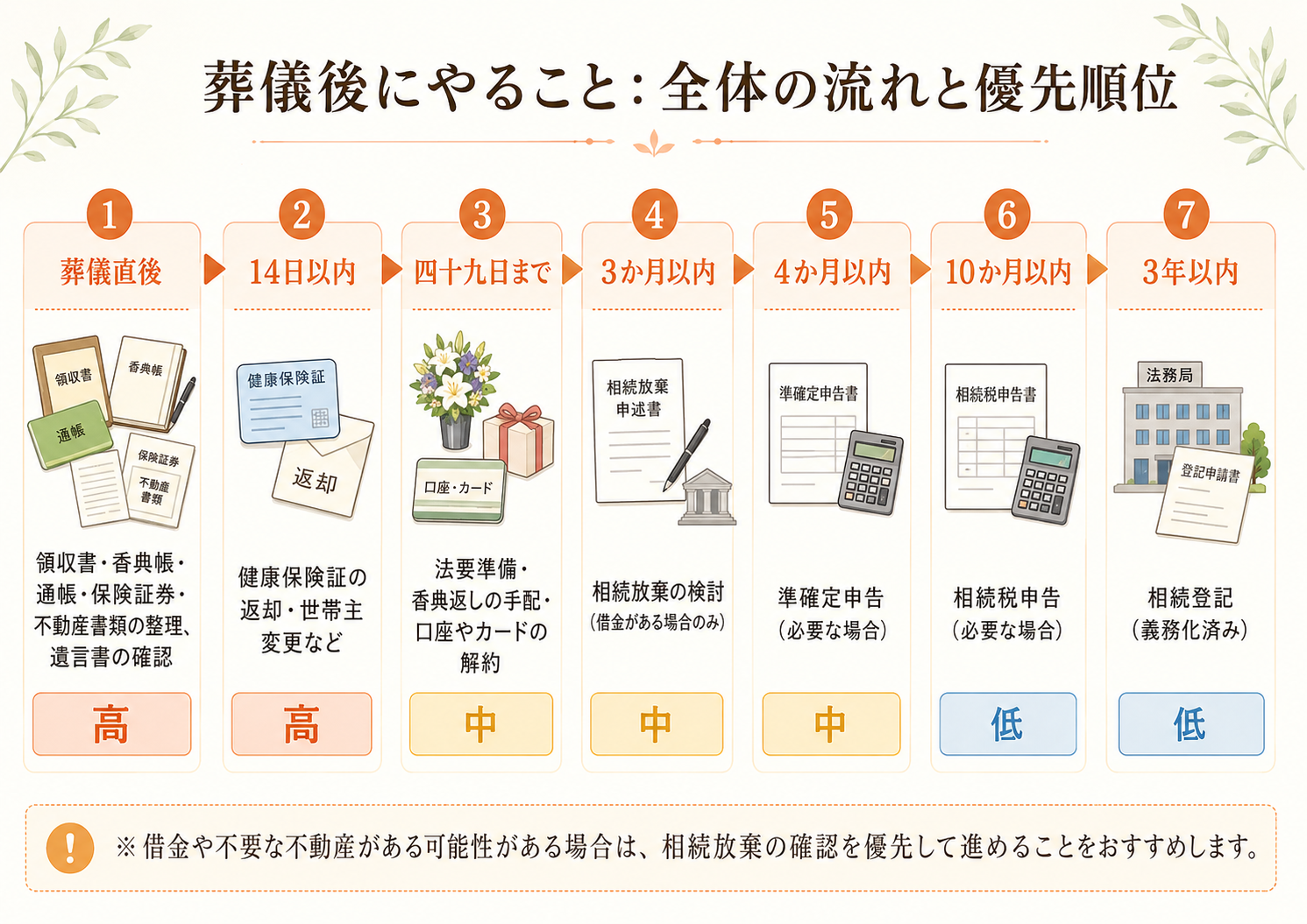 葬儀直後から14日以内、四十九日、3か月、4か月、10か月、3年以内までに行う手続きを時系列で整理した図