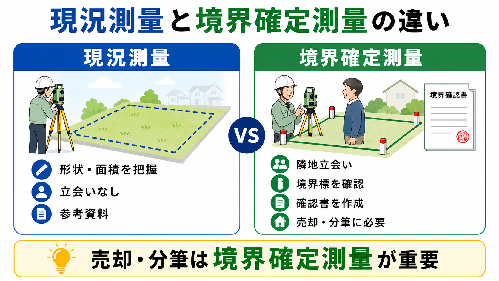 現況測量と境界確定測量の違いを比較した図。現況測量は形状・面積の把握や参考資料として使われる一方、境界確定測量は隣地立会い、境界標の確認、境界確認書の作成を行い、売却や分筆で重要になることを示しています。