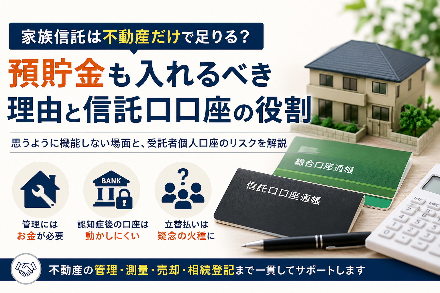 家族信託で預貯金も信託財産に含める必要性や、信託口口座の役割、認知症後の口座管理リスクについて解説するイメージ画像