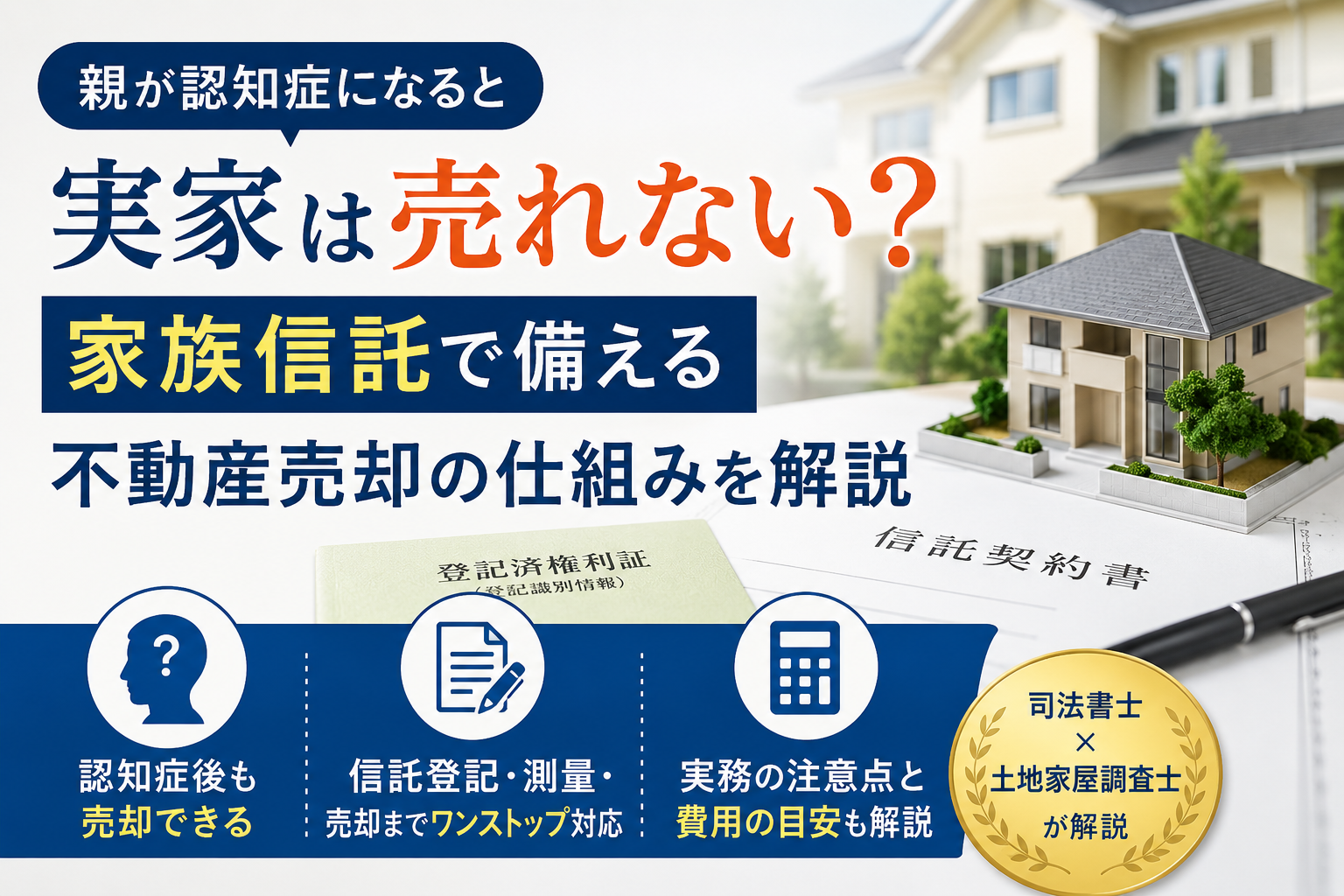 親が認知症になると実家は売れない？家族信託を活用した不動産売却の仕組みや、信託登記・測量・実務上の注意点を司法書士・土地家屋調査士が解説するイメージ画像。
