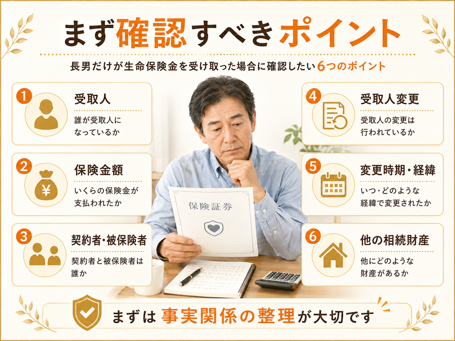 生命保険金の受取人、保険金額、契約者、被保険者、受取人変更、他の相続財産など確認すべきポイントを整理した図