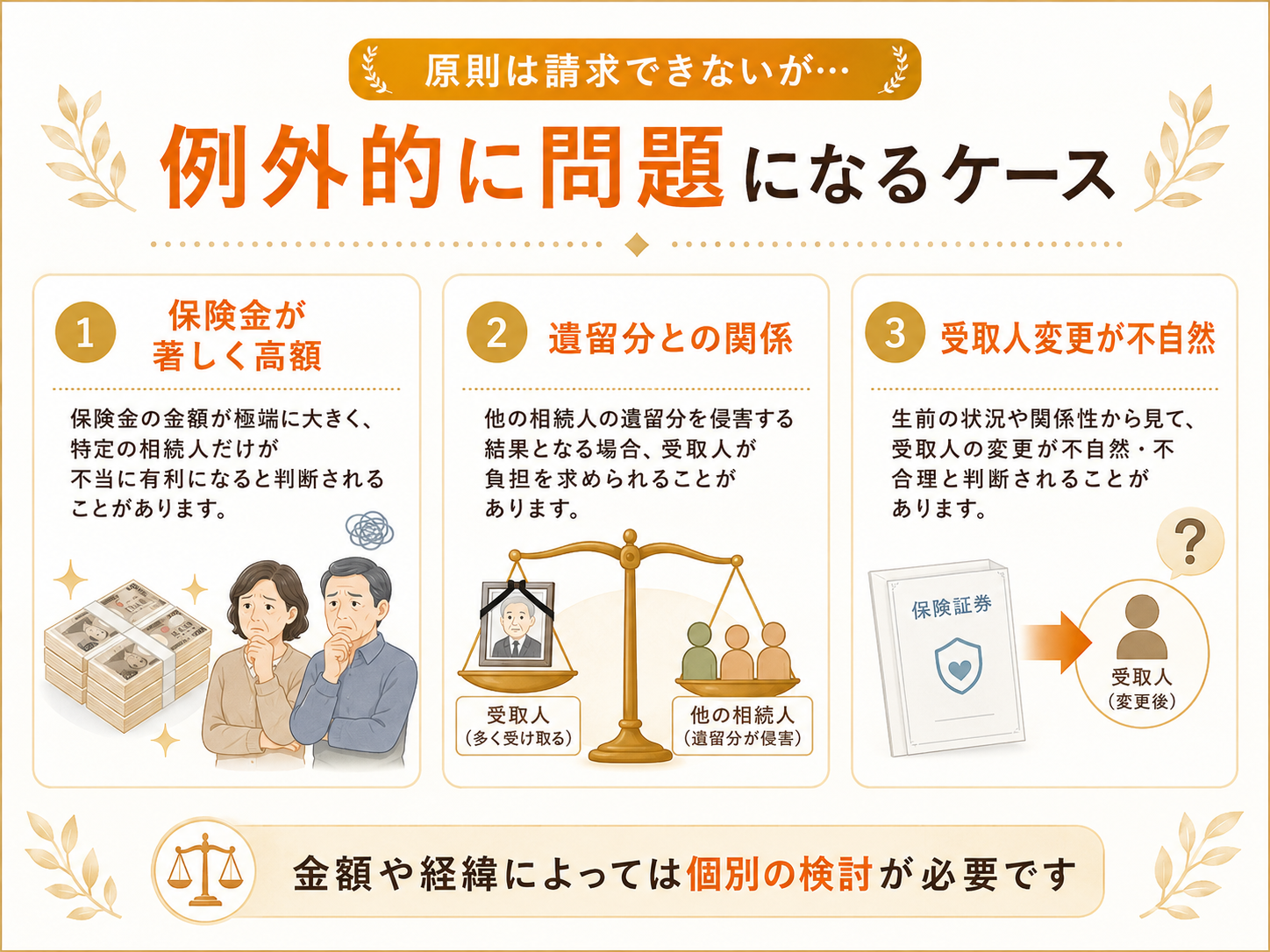 生命保険金が著しく高額な場合、遺留分との関係、受取人変更が不自然な場合など、例外的に問題になるケースを解説した図