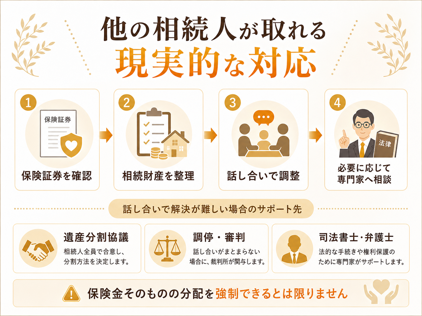 保険証券の確認、相続財産の整理、話し合いでの調整、専門家への相談など、他の相続人が取れる対応を説明した図