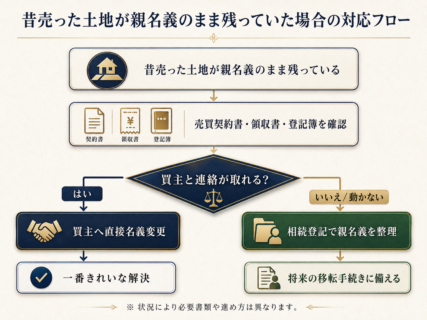 昔売った土地が親名義のまま残っていた場合に、買主へ名義変更を求める方法と、買主が動かない場合に相続登記で整理する方法を示したフロー図