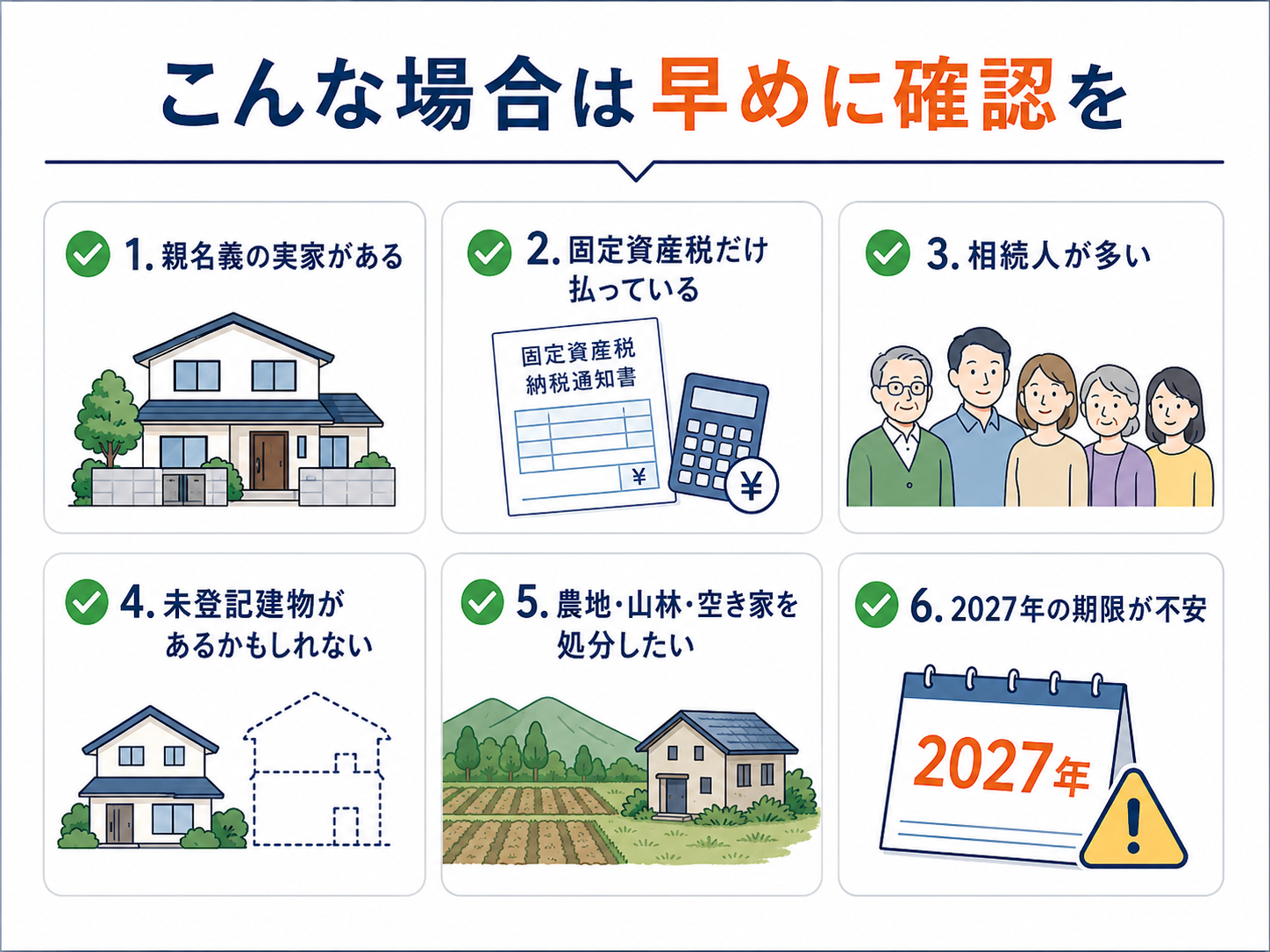 親名義の実家がある、固定資産税だけ払っている、相続人が多い、未登記建物があるかもしれない、農地・山林・空き家を処分したい、2027年の期限が不安な場合は早めに相続登記を確認すべきことを示したチェックリスト画像