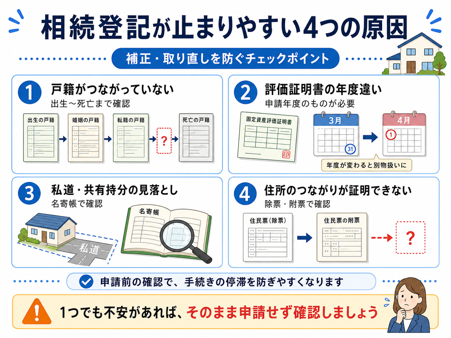 相続登記が止まりやすい原因として、戸籍がつながっていない、評価証明書の年度違い、私道や共有持分の見落とし、住所のつながりが証明できない場合を整理した図解