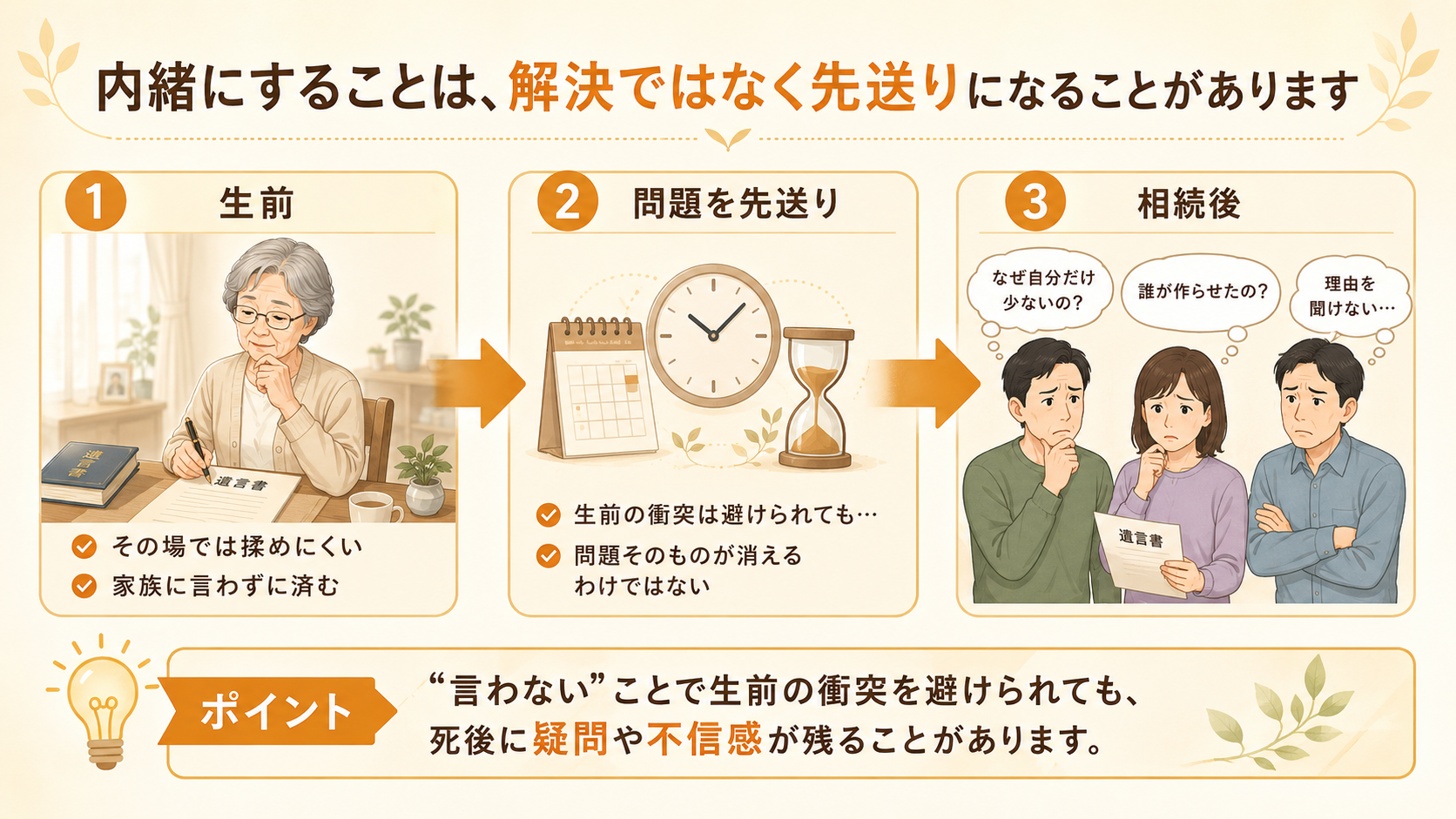 分配に偏りがある遺言書を家族に内緒にした場合、生前の衝突は避けられても死後に疑問や不信感が残ることを説明した図解
