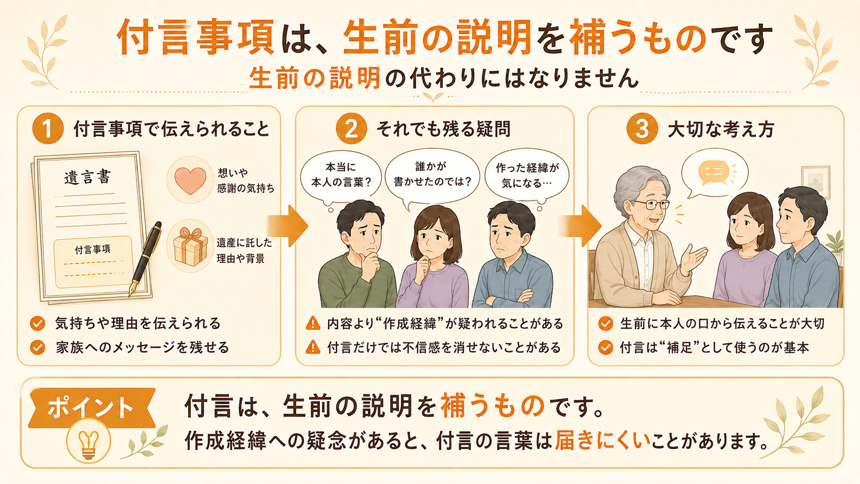 遺言書の付言事項は本人の気持ちを補足するものだが、作成経緯への疑念がある場合は家族に届きにくいことを説明した図解