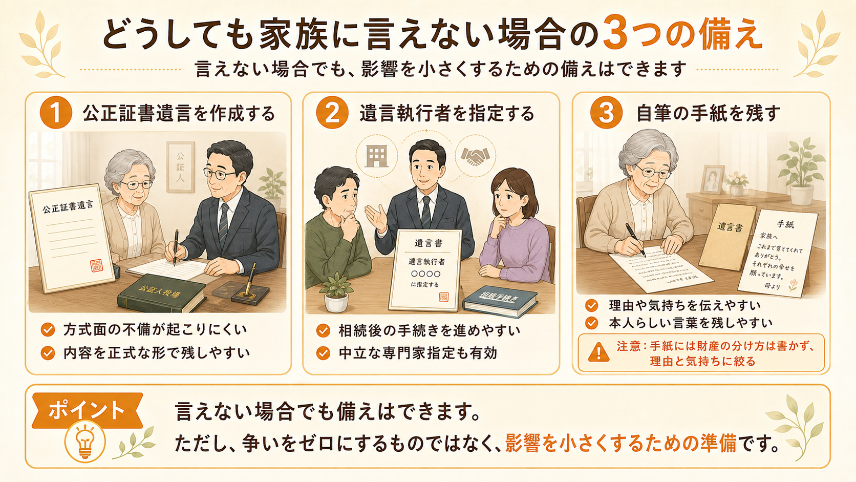 家族に遺言書の内容を伝えられない場合に、公正証書遺言、遺言執行者、自筆の手紙で備える方法を説明したチェックリスト