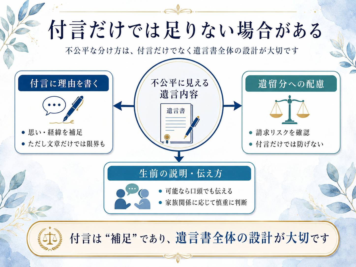 不公平に見える遺言内容について、付言に理由を書くこと、遺留分への配慮、生前の説明や伝え方を含めて遺言書全体を設計する必要があることを示した図解