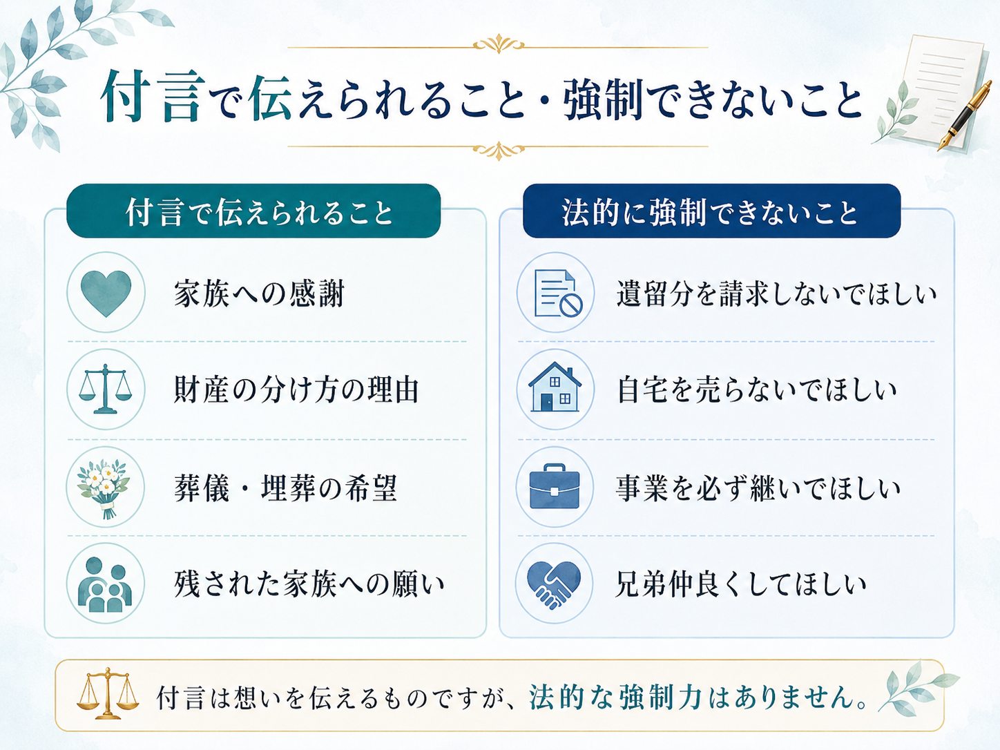 遺言書の付言で伝えられる家族への感謝や財産の分け方の理由と、遺留分請求や自宅売却など法的に強制できない内容を比較した図解