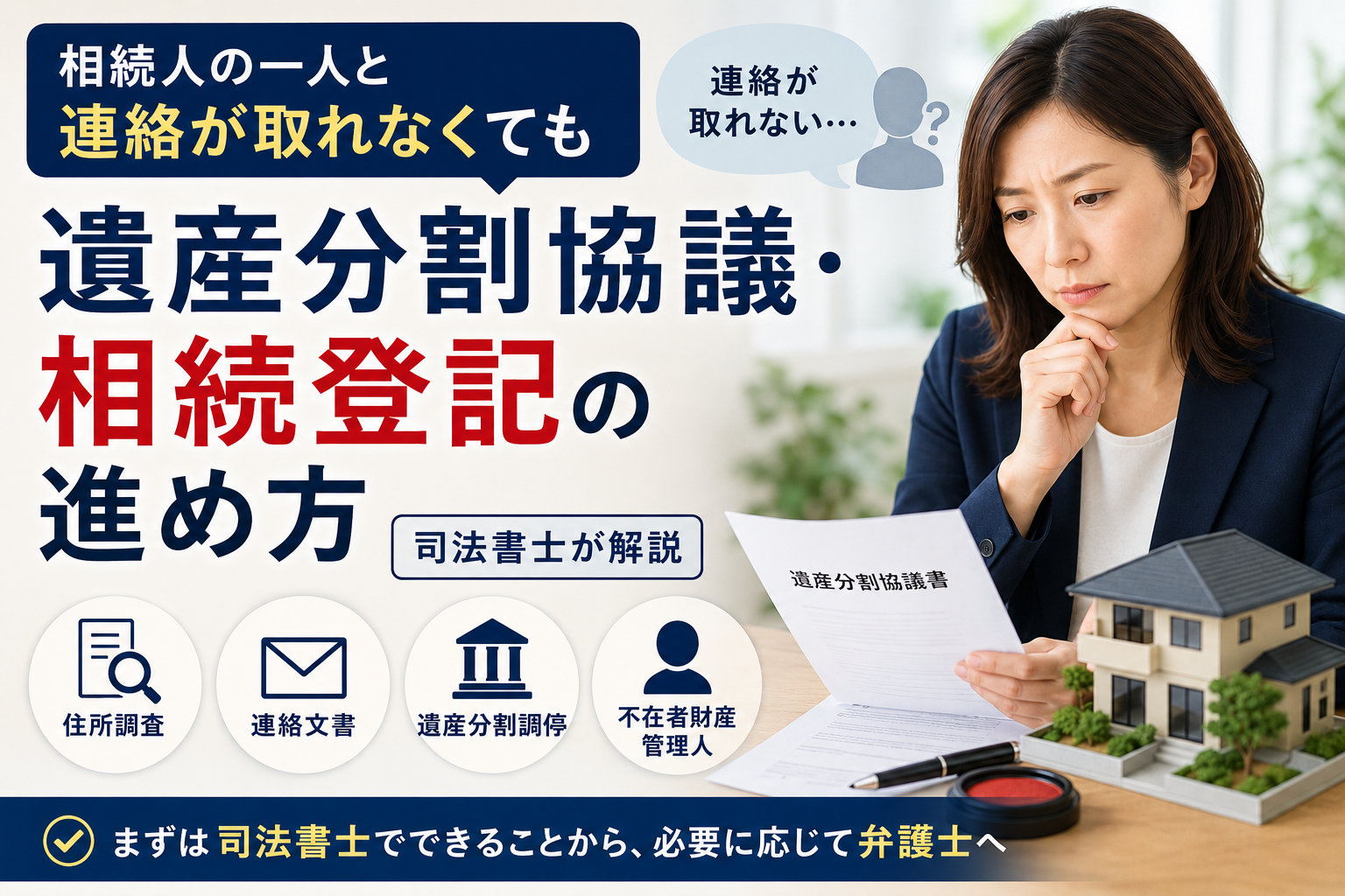 相続人と連絡が取れない場合の遺産分割協議や相続登記の進め方を解説するアイキャッチ画像