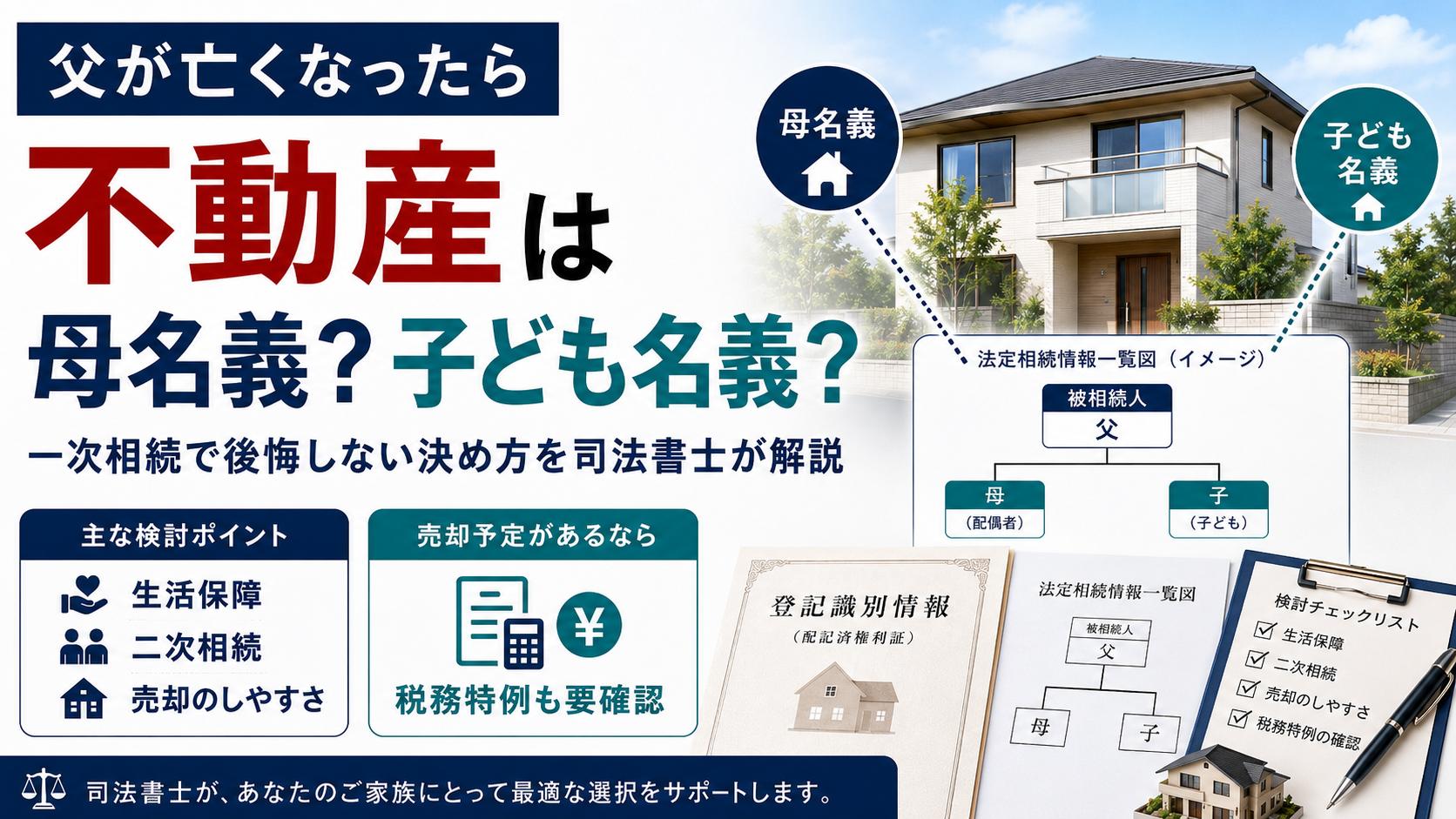 父が亡くなった場合の不動産相続について、母名義と子ども名義の違いや検討ポイントを図解したアイキャッチ画像"