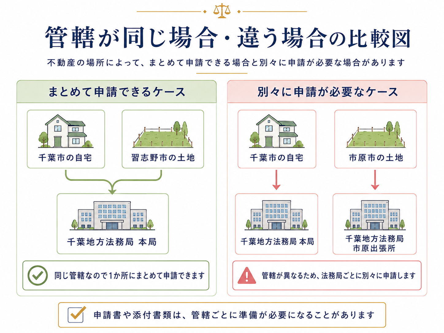 千葉市と習志野市の不動産は同じ法務局へまとめて申請でき、千葉市と市原市の不動産は別々の法務局へ申請が必要になることを比較した図