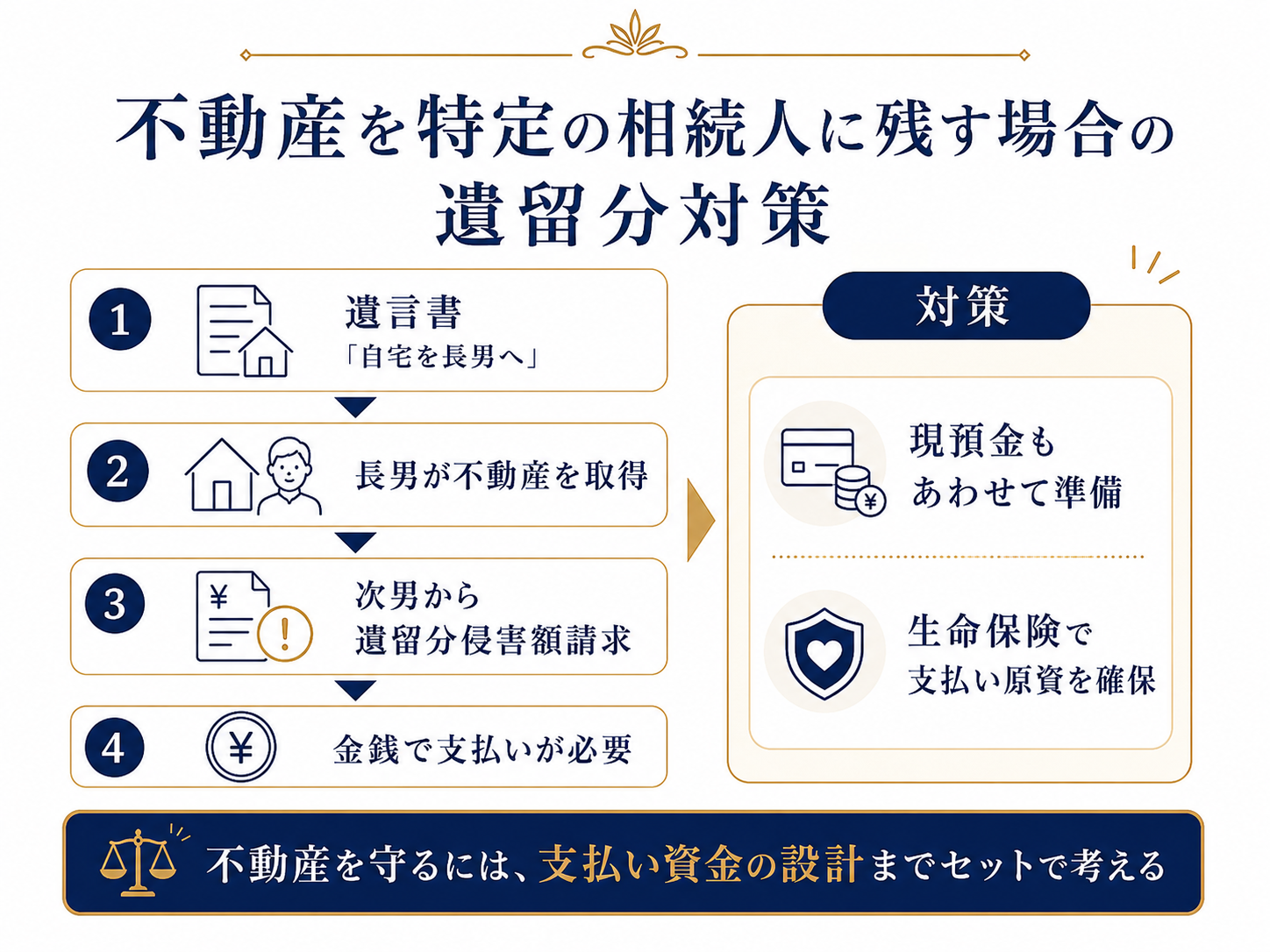 不動産を特定の相続人に相続させた場合に、他の相続人から遺留分侵害額請求を受ける可能性と、現預金や生命保険で支払い原資を準備する考え方を示した図