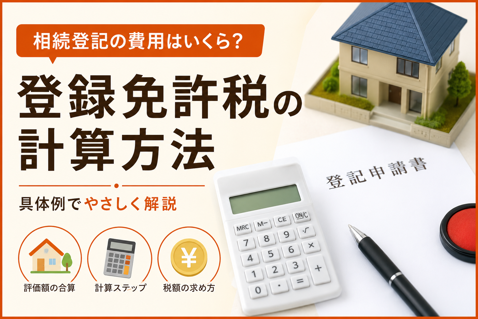 相続登記の登録免許税の計算方法を解説するアイキャッチ画像。住宅模型、電卓、登記申請書、印鑑を配置し、評価額の合算・計算ステップ・税額の求め方を示している。"